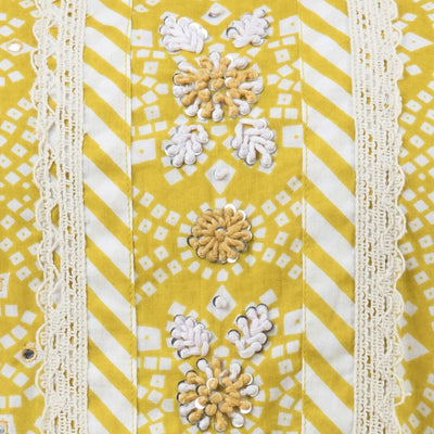 Women Yellow Frill Cotton Kurti with Pant & Dupatta