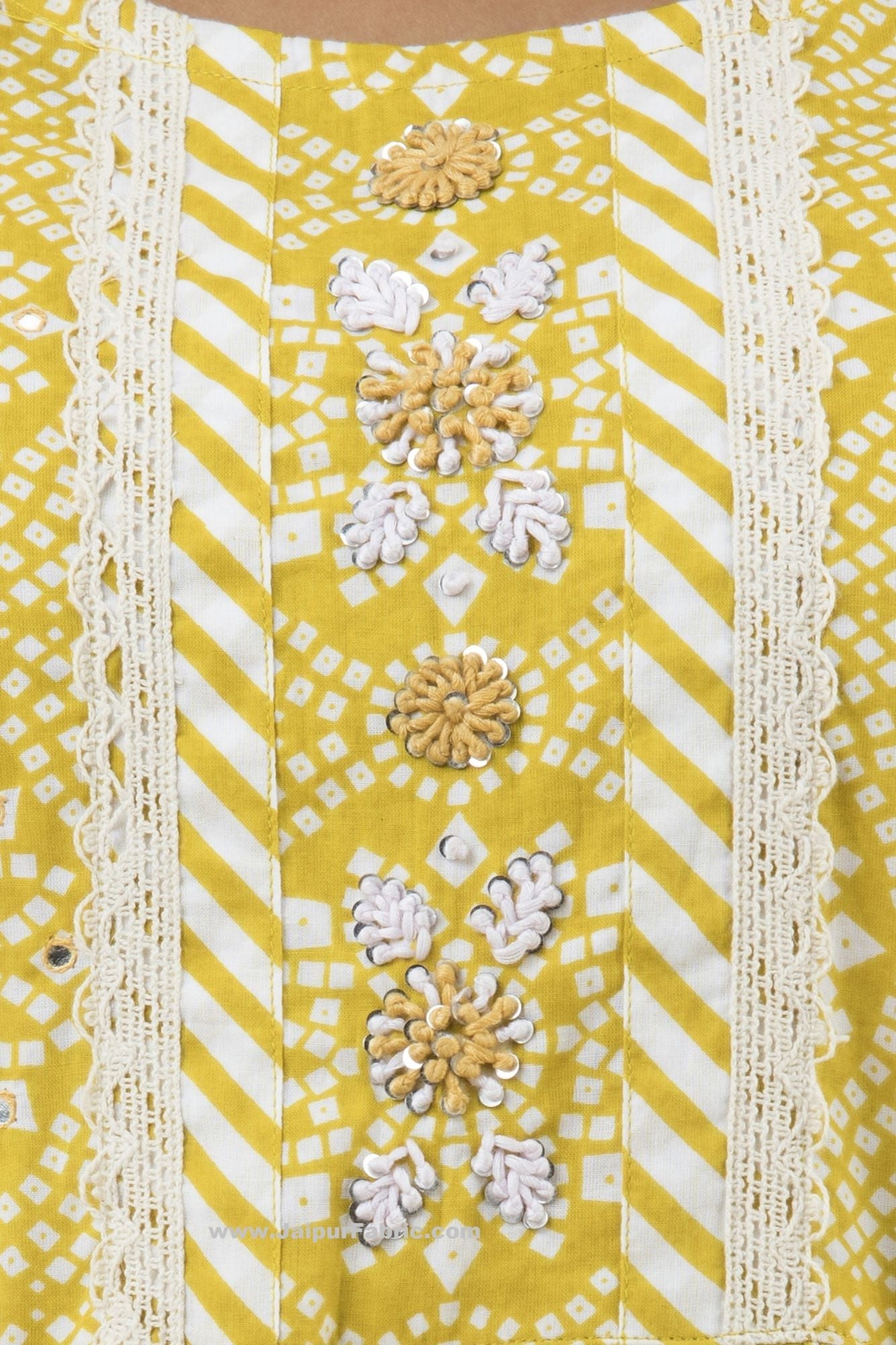 Women Yellow Frill Cotton Kurti with Pant & Dupatta