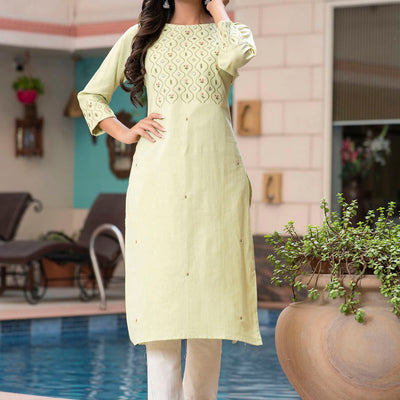 Light Green Cotton Embroidery Kurti Pant Set