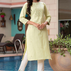 Light Green Cotton Embroidery Kurti Pant Set