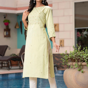 Light Green Cotton Embroidery Kurti Pant Set