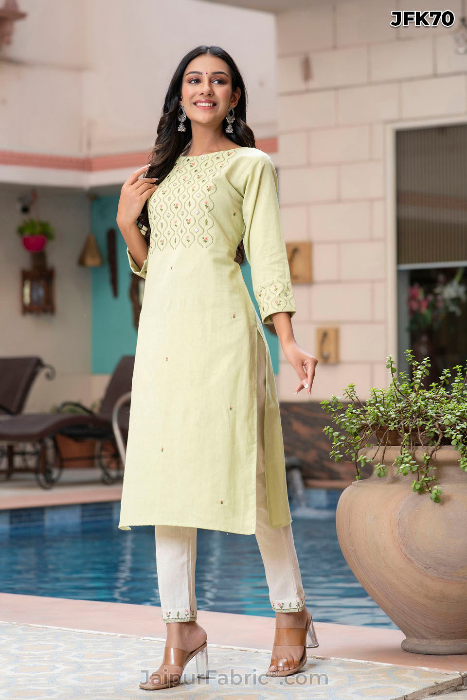 Light Green Cotton Embroidery Kurti Pant Set