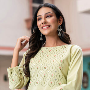 Light Green Cotton Embroidery Kurti Pant Set