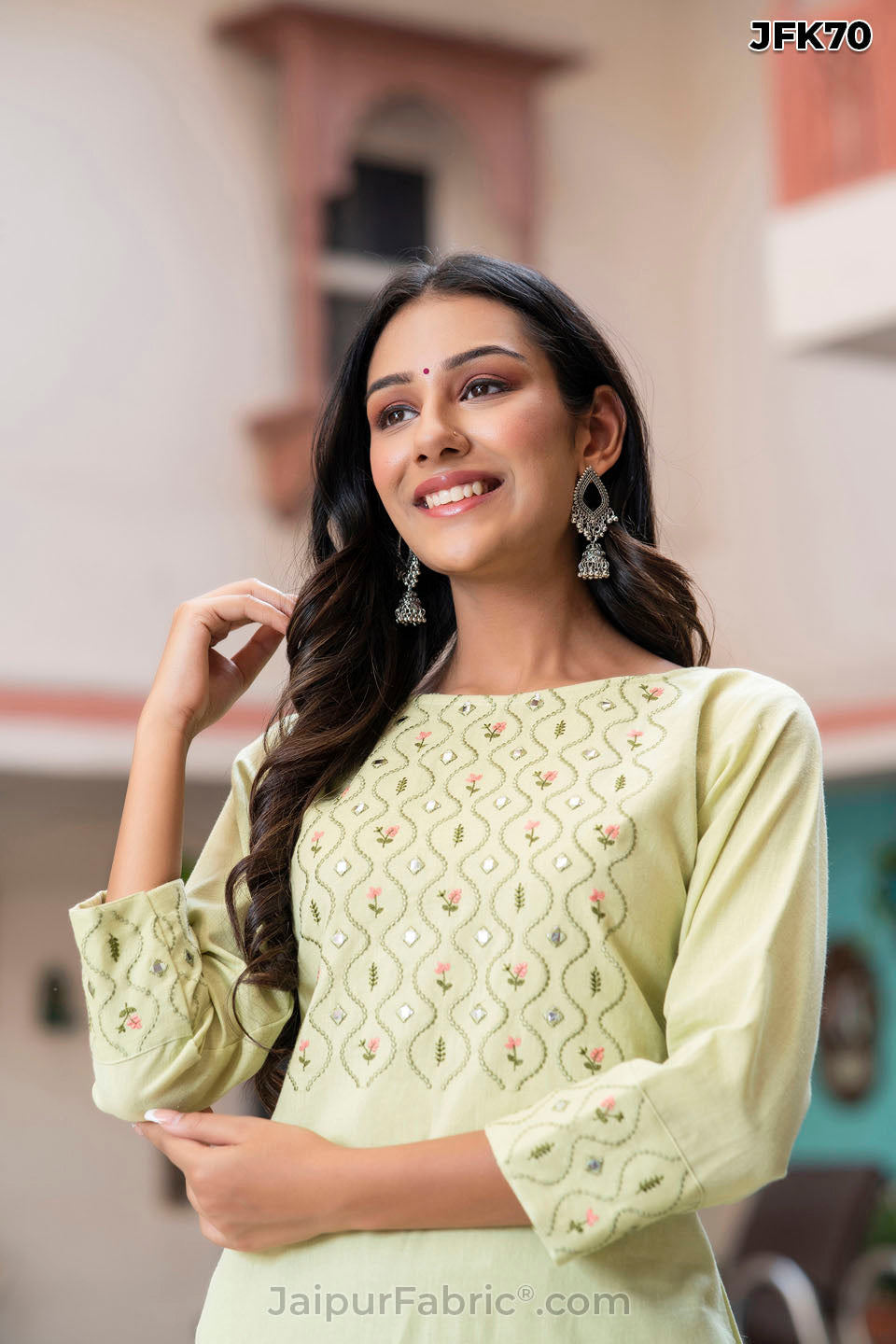 Light Green Cotton Embroidery Kurti Pant Set
