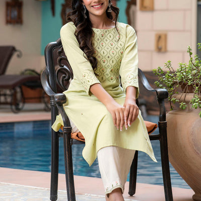 Light Green Cotton Embroidery Kurti Pant Set