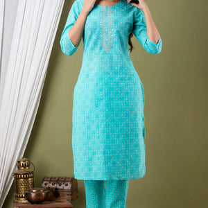 Blue Cotton Kurti 3pcs Set