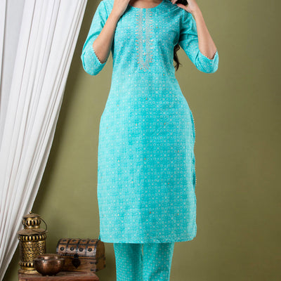 Blue Cotton Kurti 3pcs Set