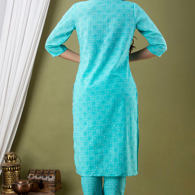Blue Cotton Kurti 3pcs Set