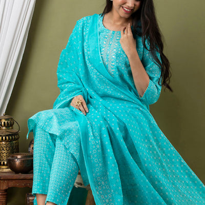 Blue Cotton Kurti 3pcs Set