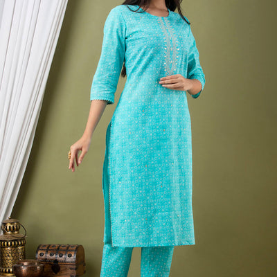 Blue Cotton Kurti 3pcs Set