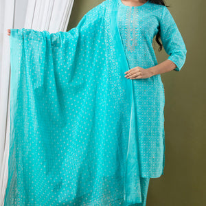 Blue Cotton Kurti 3pcs Set