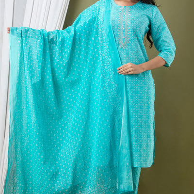 Blue Cotton Kurti 3pcs Set