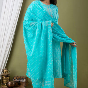 Blue Cotton Kurti 3pcs Set