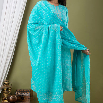 Blue Cotton Kurti 3pcs Set