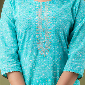 Blue Cotton Kurti 3pcs Set