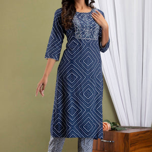 Blue Bandhej Kurti Pant & Dupatta