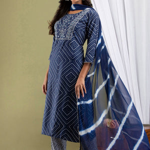 Blue Bandhej Kurti Pant & Dupatta