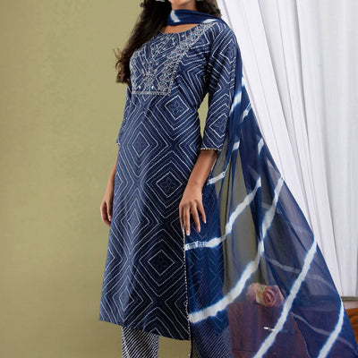 Blue Bandhej Kurti Pant & Dupatta