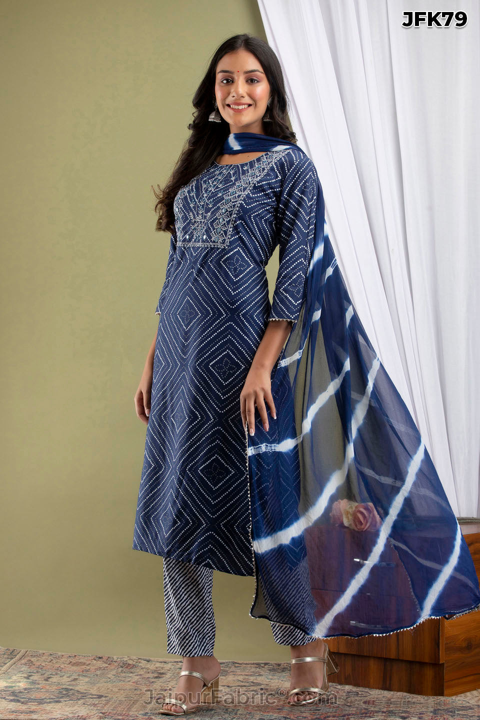Blue Bandhej Kurti Pant & Dupatta