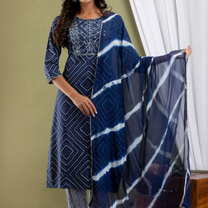 Blue Bandhej Kurti Pant & Dupatta