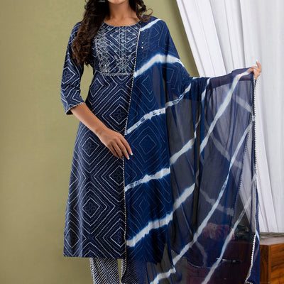 Blue Bandhej Kurti Pant & Dupatta