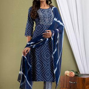 Blue Bandhej Kurti Pant & Dupatta