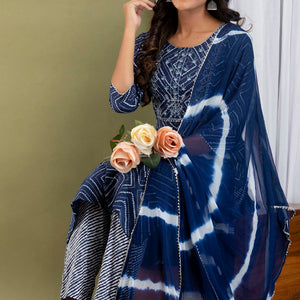 Blue Bandhej Kurti Pant & Dupatta