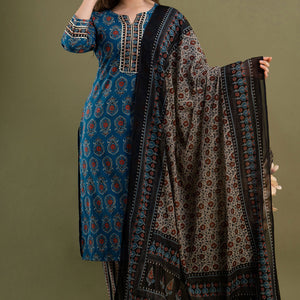 Peacock Green Cotton Kurti 3pcs Set