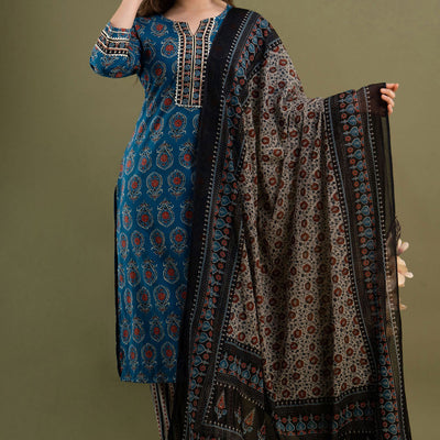 Peacock Green Cotton Kurti 3pcs Set
