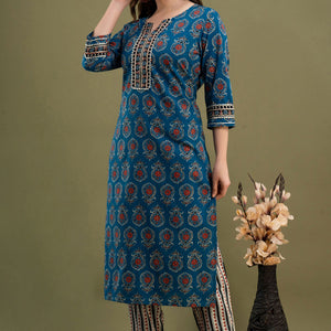 Peacock Green Cotton Kurti 3pcs Set