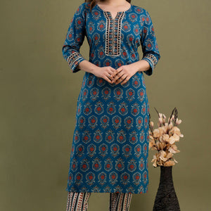 Peacock Green Cotton Kurti 3pcs Set