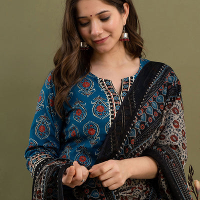 Peacock Green Cotton Kurti 3pcs Set