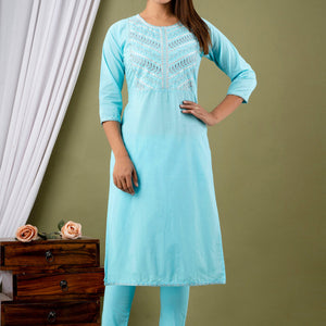 Sky Blue Cotton Kurti Pant Set
