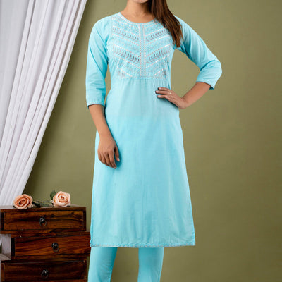 Sky Blue Cotton Kurti Pant Set