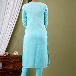 Sky Blue Cotton Kurti Pant Set