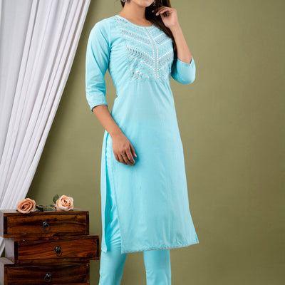 Sky Blue Cotton Kurti Pant Set