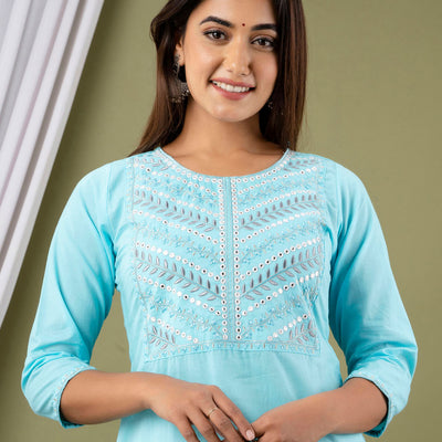 Sky Blue Cotton Kurti Pant Set