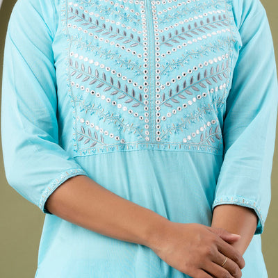 Sky Blue Cotton Kurti Pant Set