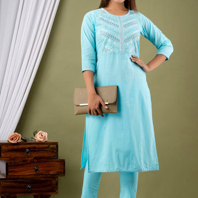 Sky Blue Cotton Kurti Pant Set