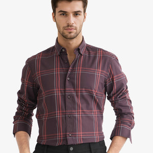 Rare Rabbit Men's Juba Dark Maroon Cotton Fabric Full Sleeves Checks Shirt