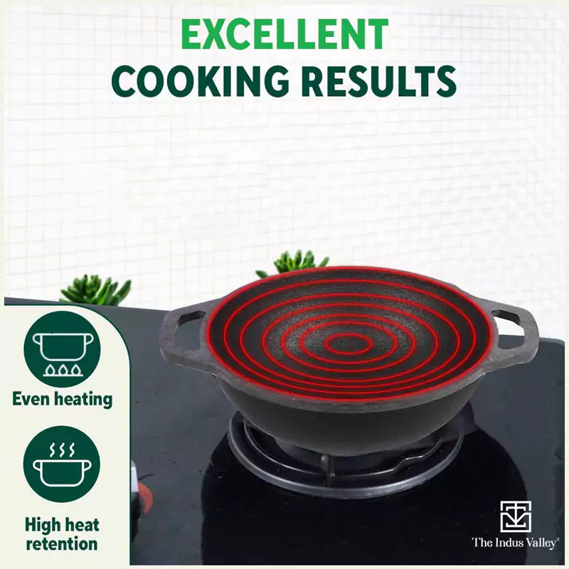 CASTrong Cast Iron Kadai, Flat Handle,Pre-seasoned, Nonstick, 100% Pure, Toxin-free, 20.5/25.6cm, 1.4L/2.4L, 1.8kg/2.5kg