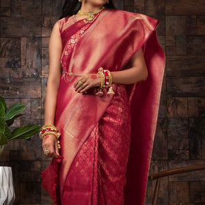 Burgundy Red Zari Work Kanjivaram Saree