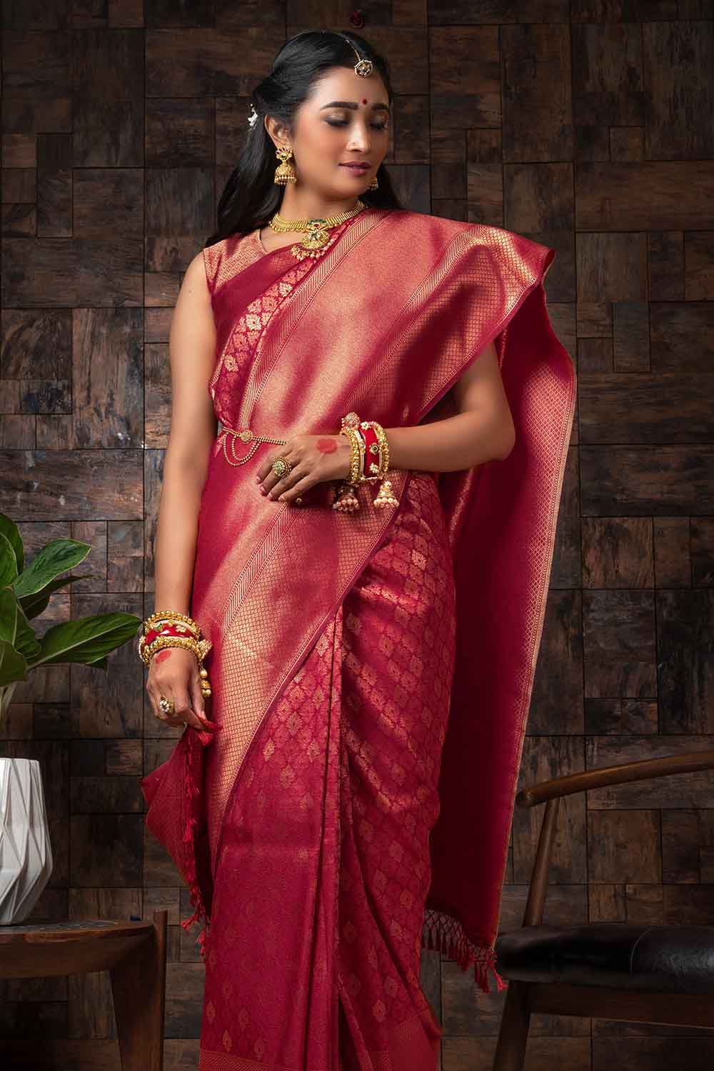 Burgundy Red Zari Work Kanjivaram Saree