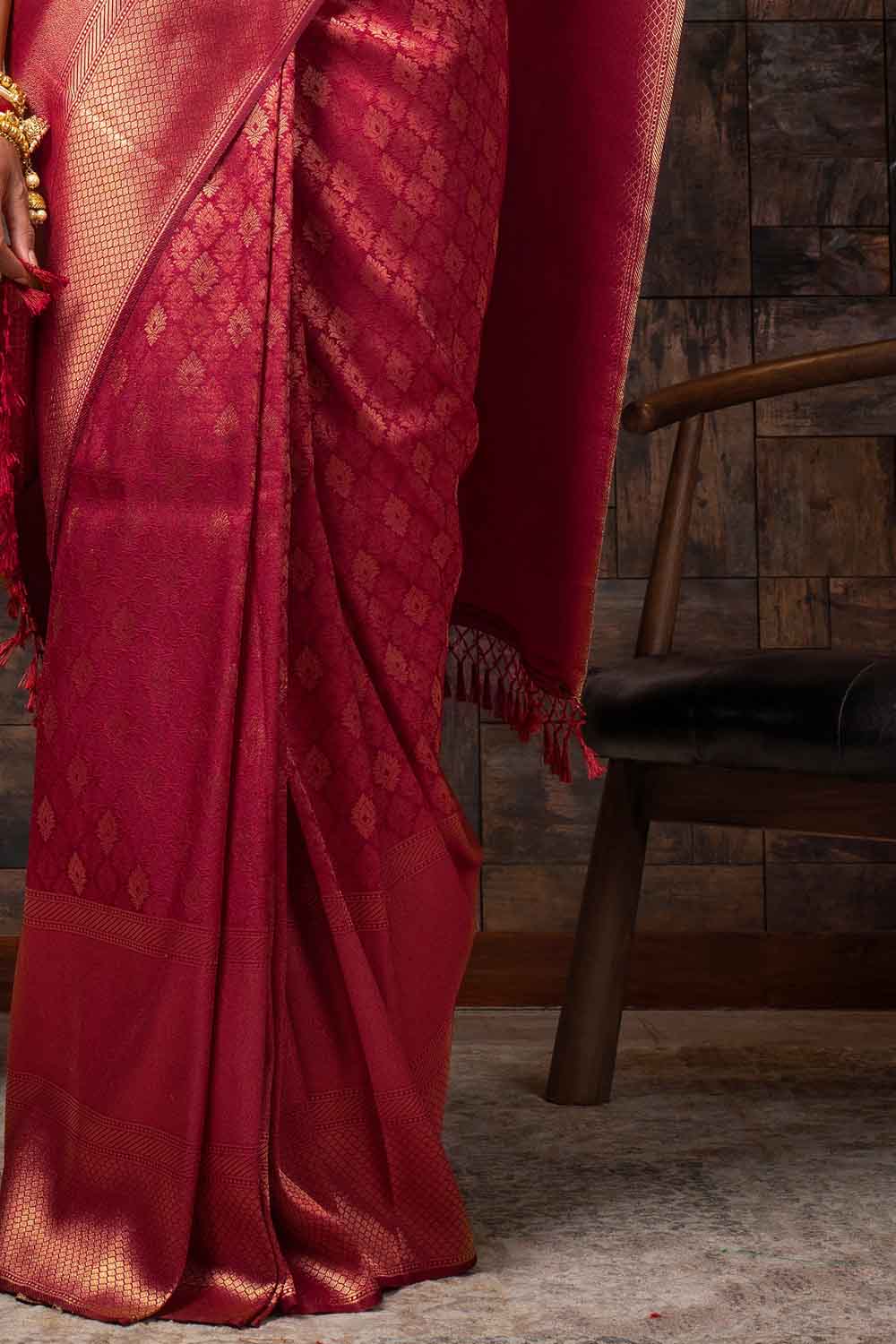 Burgundy Red Zari Work Kanjivaram Saree