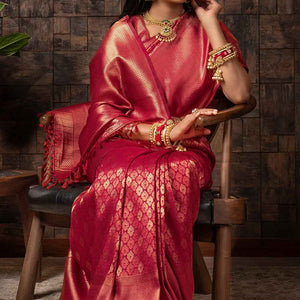 Burgundy Red Zari Work Kanjivaram Saree