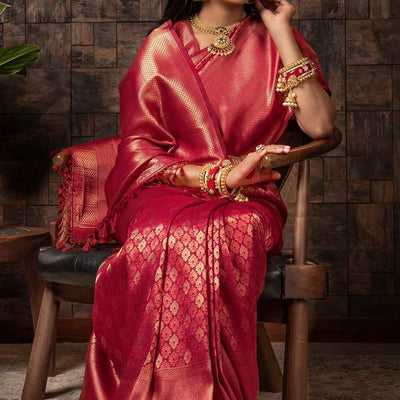 Burgundy Red Zari Work Kanjivaram Saree