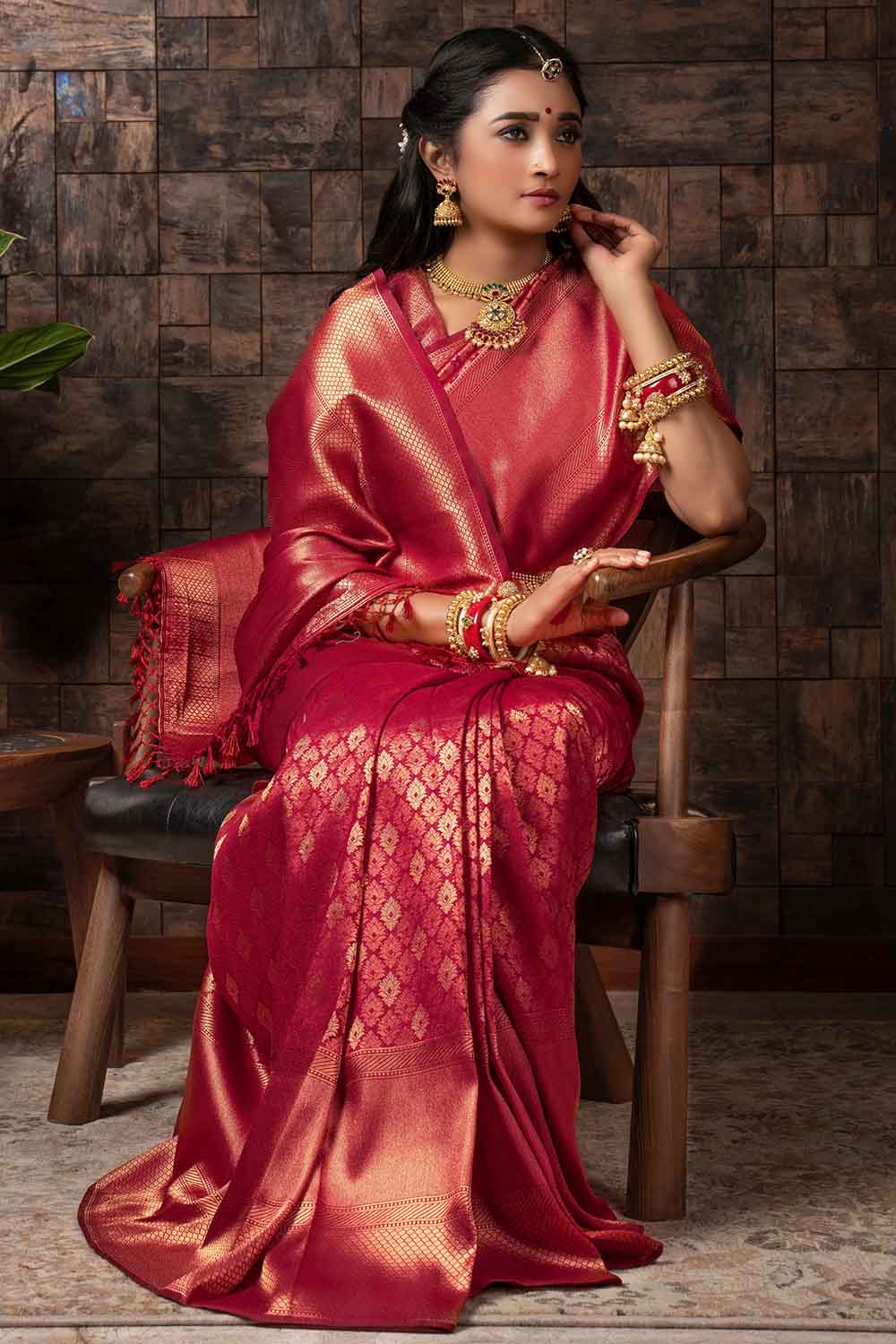 Burgundy Red Zari Work Kanjivaram Saree