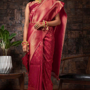 Burgundy Red Zari Work Kanjivaram Saree