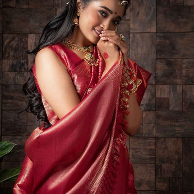 Burgundy Red Zari Work Kanjivaram Saree