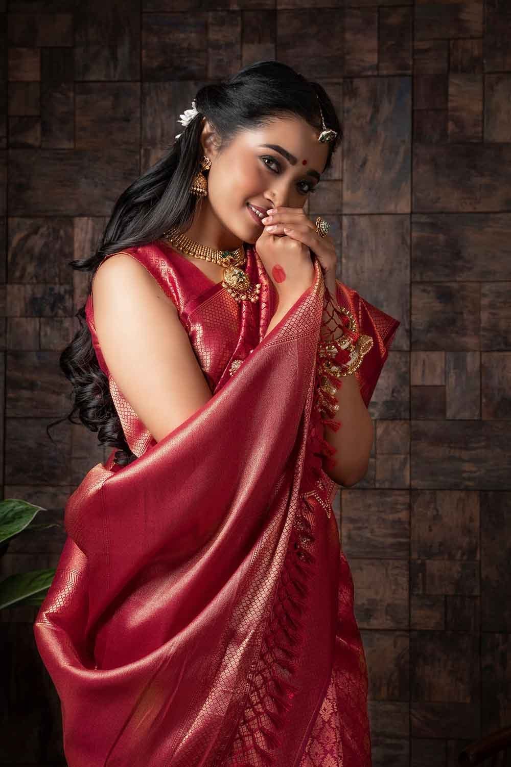Burgundy Red Zari Work Kanjivaram Saree